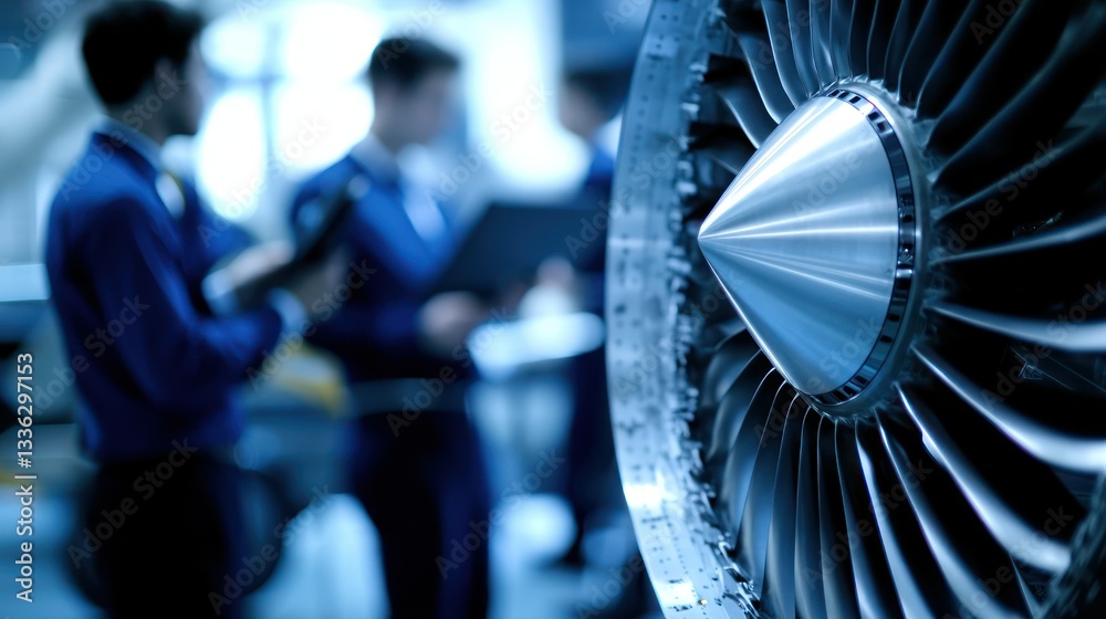 Poster engineers inspecting jet engine turbine blades discussing technical information