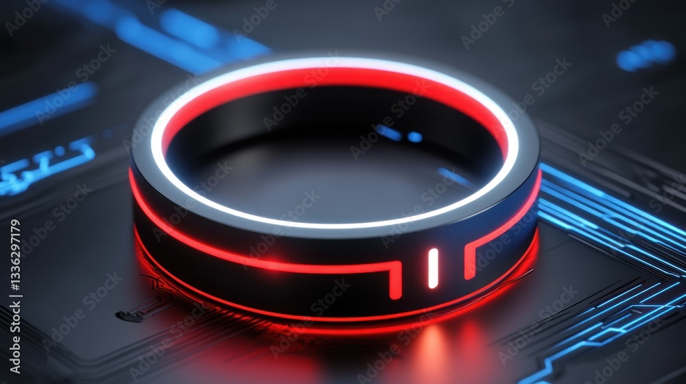 Poster a futuristic electronic ring displaying illuminated red and white lights