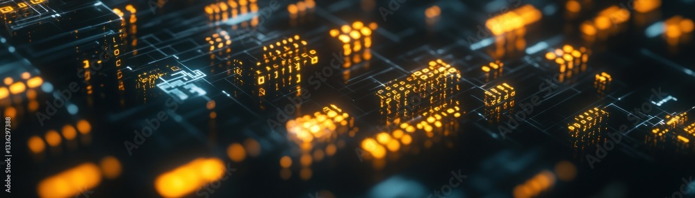 Poster Glowing electronic components creating a digital circuit board appearance