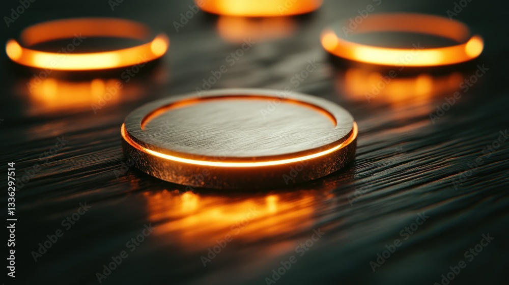 Poster Three glowing circular objects sit on a wooden surface close up