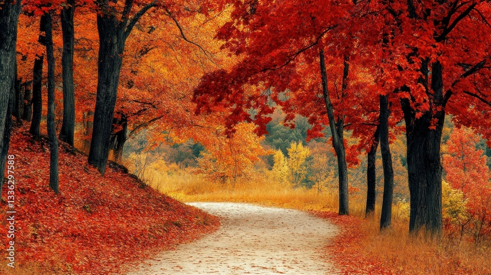 Poster a winding pathway passes through a forest of autumn colored trees