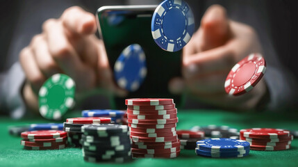 Naklejka premium Poker chips fly as player engages in online gambling with smartphone in a lively setting