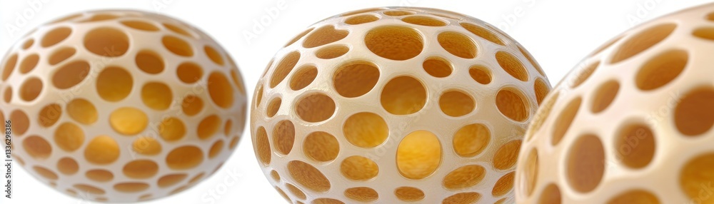 Poster three spheres that are cream colored with many rounded holes throughout