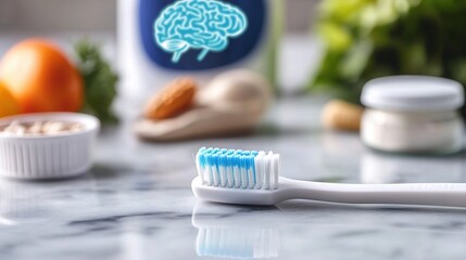 Dental floss and toothbrush with brain scan and food, emphasizing oral health's role in stroke prevention.

