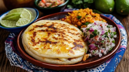 A vibrant Central American pupusa plate stuffed with cheese and beans, served with tangy curtido and a burst of fresh lime --ar 16:9 --v 6.1 Job ID: d5146f55-c8b9-403b-8be0-655051cd70c0