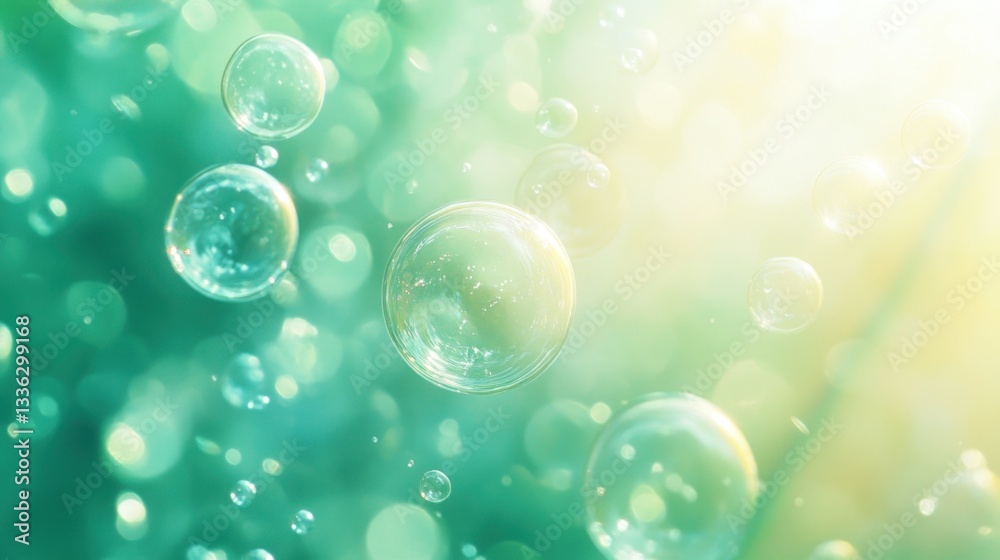 Poster Transparent floating bubbles create a dreamy and soft green and yellow background