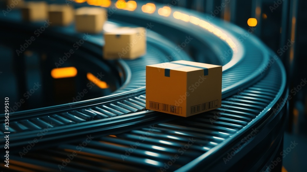 Poster cardboard boxes are moving along a curved automated conveyor belt