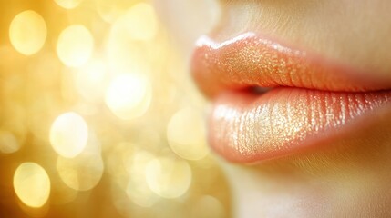 Fototapeta premium Close-up of glossy, peach-toned lips with subtle shimmer, against a blurred gold bokeh background