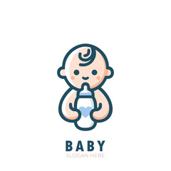 Cute little baby with baby milk bottle.