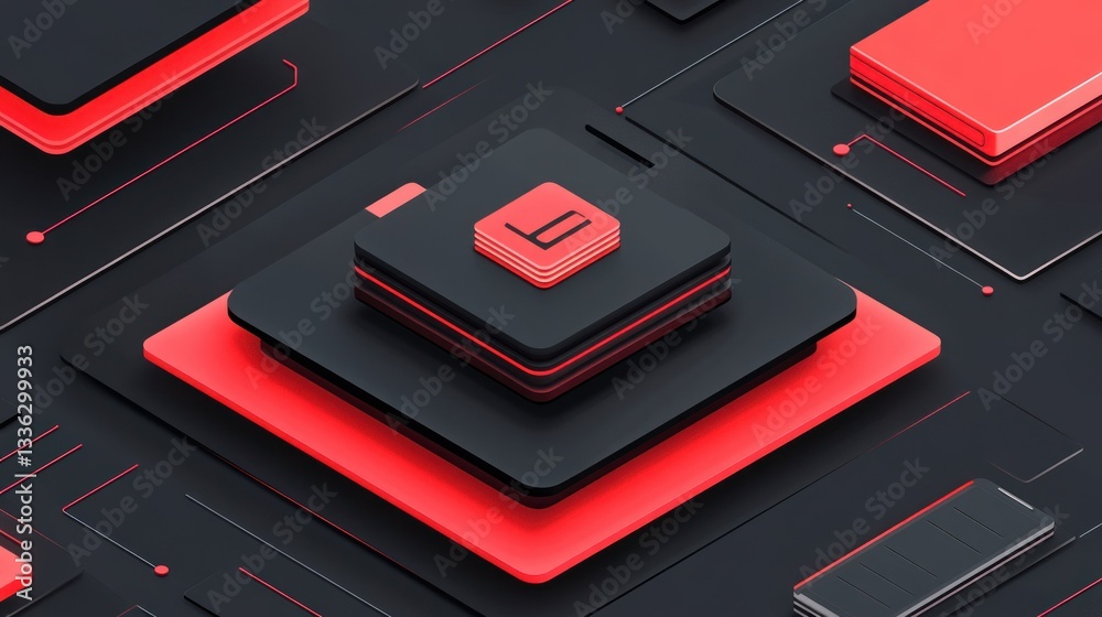 Poster abstract isometric arrangement of black and red rectangular shapes