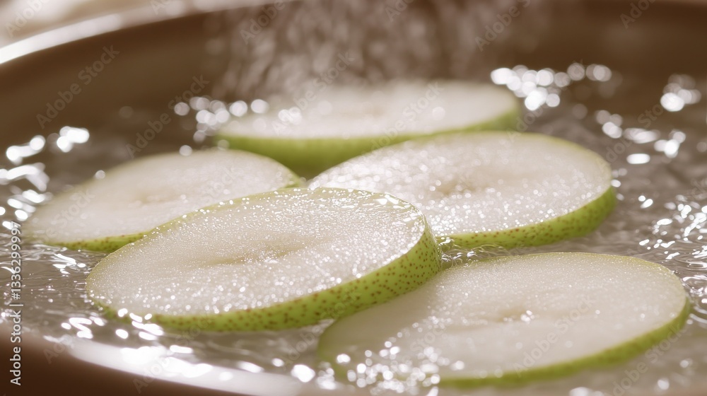 Poster sliced pears being gently submerged into a simmering liquid
