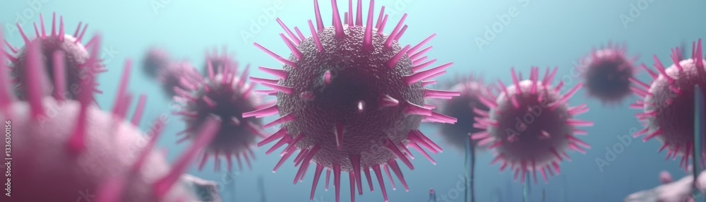 Poster Pink viruses display their structure with spiky projections and depth