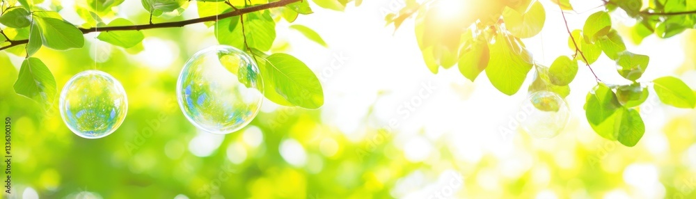 Poster bubbles hanging from a green tree branch with sunlight shining through
