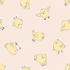 Obraz premium Adorable chicken vector seamless pattern on delicate pink background. Scandinavian vector illustration. Cute design for print textile, wrapping paper, fabric.