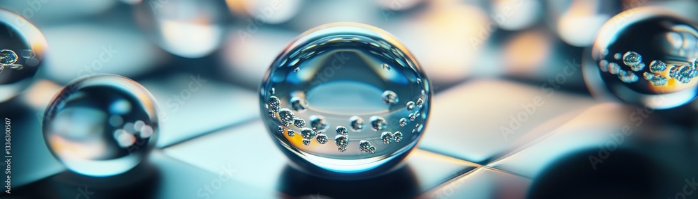 Poster Crystal clear spheres with tiny internal bubbles arranged in a row