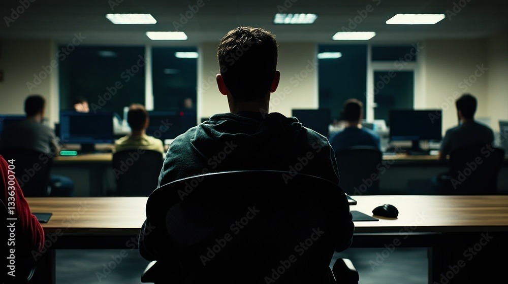Poster A person viewing a computer screen in a dimly lit room