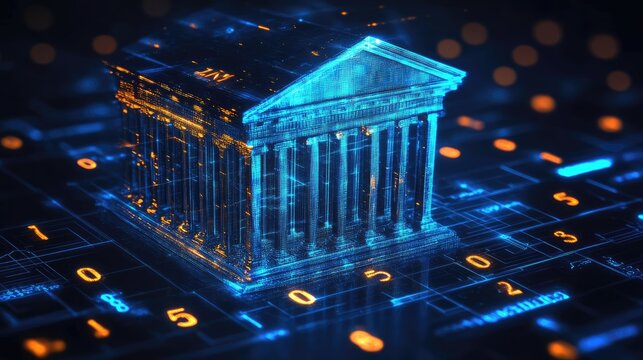 A futuristic digital representation of a classical building amidst glowing data streams and binary code - Powered by Adobe