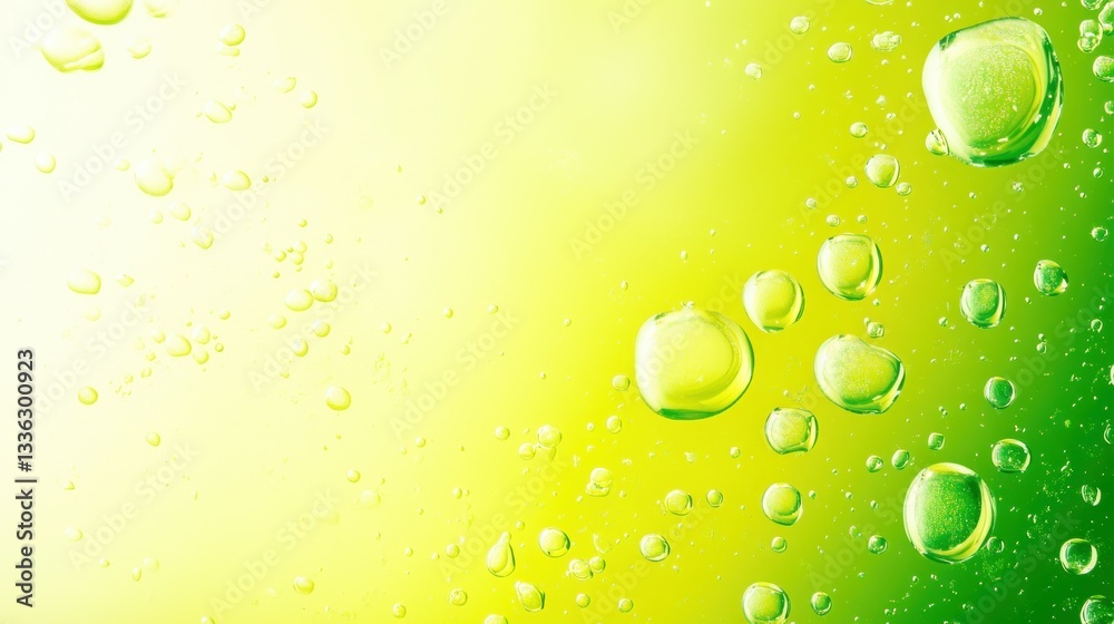 Poster clear liquid bubbles floating on a vibrant gradient colored background