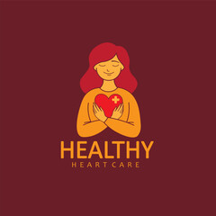 Woman holding red heart psychology mental health logo design vector illustration