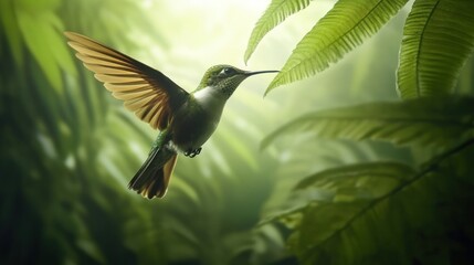 Fototapeta premium A Small Hummingbird Flies Near Green Lush Leaves In Nature