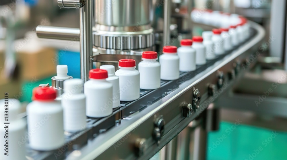 Poster automation process shows medication bottles being manufactured and packaged
