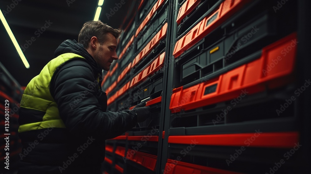 Poster a warehouse worker examining storage containers within a large facility