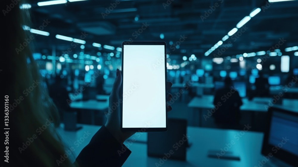 Poster a person holds a bright screen in a workspace setting
