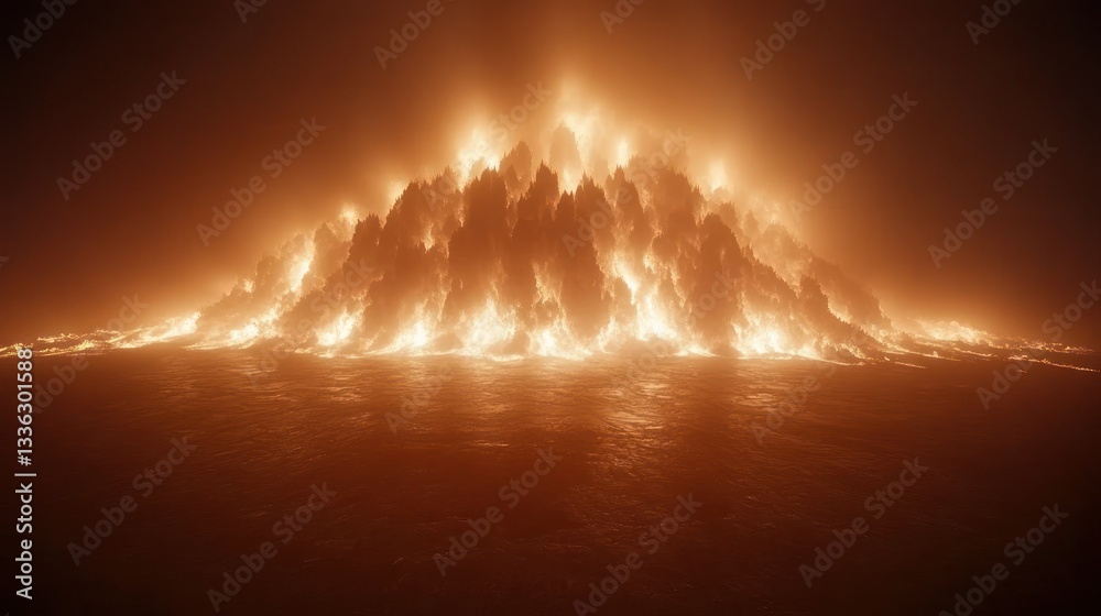Poster Illuminated mountainous terrain creating bright effects during a fiery event