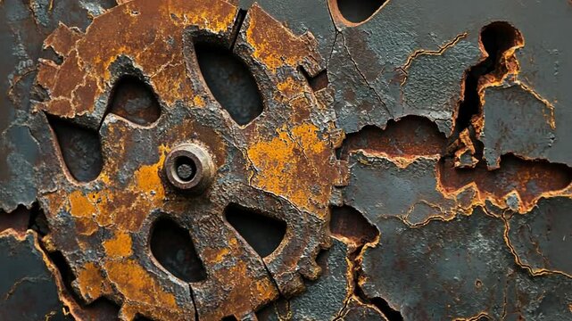 Intricate close-up of weathered gear and cracked metal surface showing decay and time