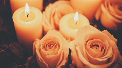 Lit Candles And Roses Present A Beautiful Soft Still Life