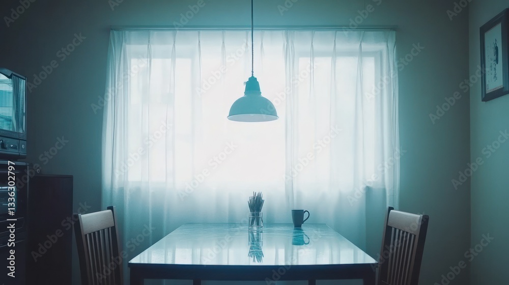 Aufkleber a dining table set beneath a hanging light source in a room