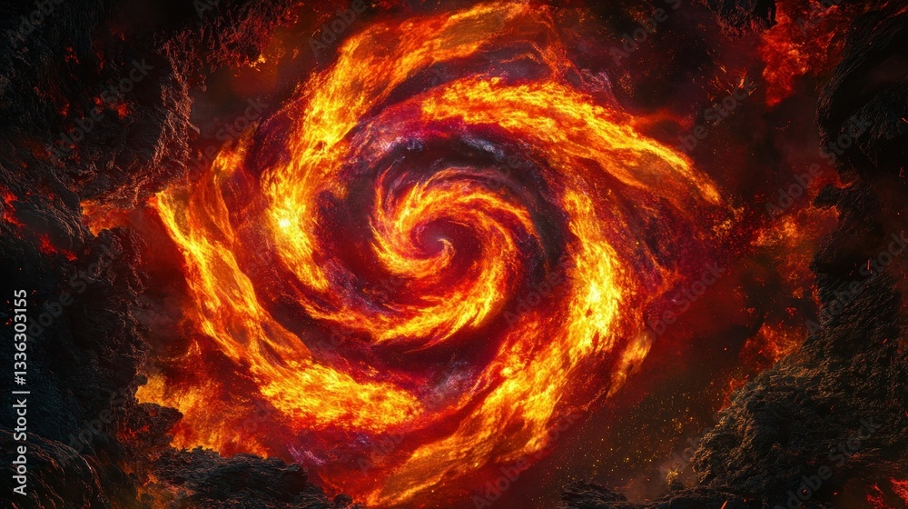 Poster a fiery vortex of swirling flames and molten rock is displayed