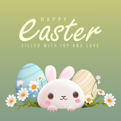 Happy Easter Day Design with Cute Bunny Vector Illustration. Egg Hunt Party Concept. Suitable for Poster Banner Flyer and Brochure Template