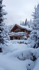 charming wooden chalets in snowy mountain town image