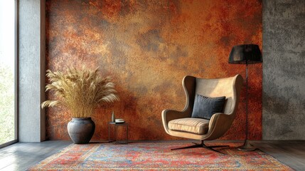 Rustic Modern Interior with Rusty Wall and Armchair