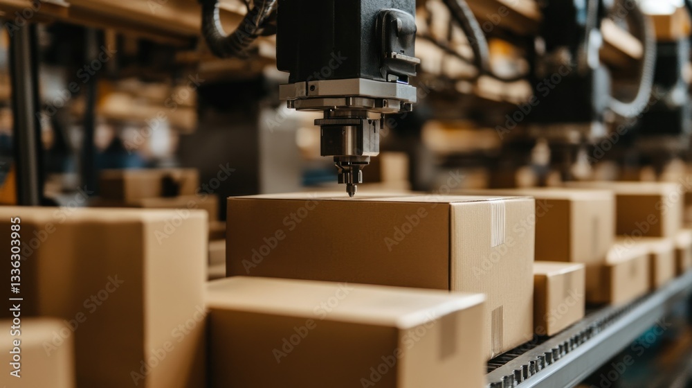 Aufkleber a robotic arm is working with packages in a warehouse setting