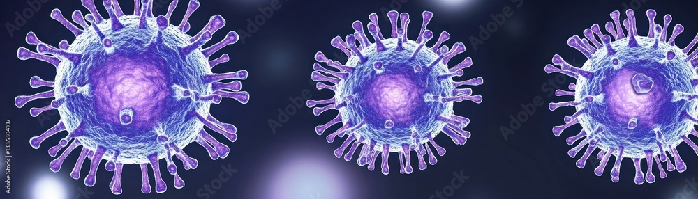 Poster Several virus particles are depicted with spikey protrusions in a row