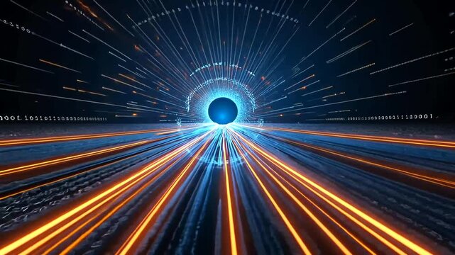 Abstract representation of a digital vortex with glowing lines and binary codes
