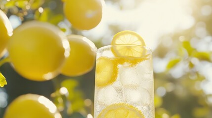 Fresh Lemonade With Fruit And Ice Outdoors In Sunlight