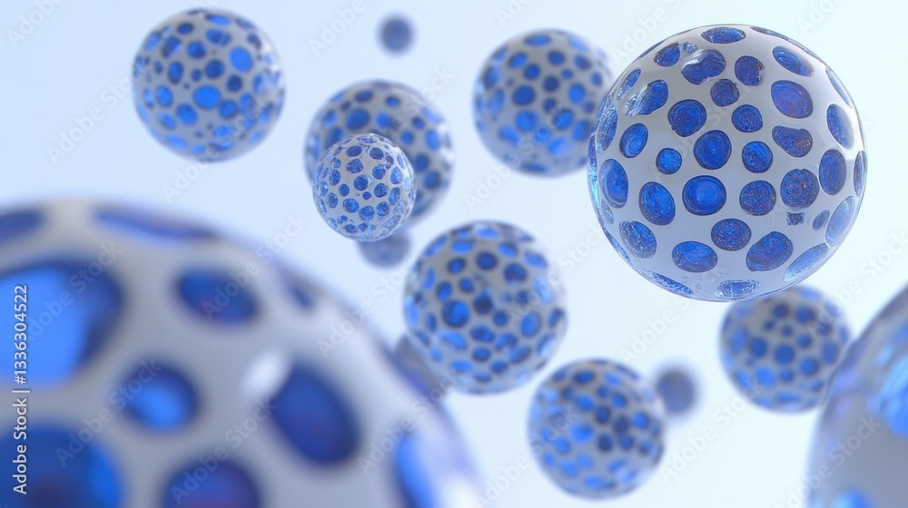 Poster Floating spheres with patterns of blue dots throughout the surface
