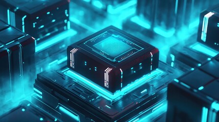Fototapeta premium Advanced computing infrastructure showcasing intricate circuitry and neon illumination
