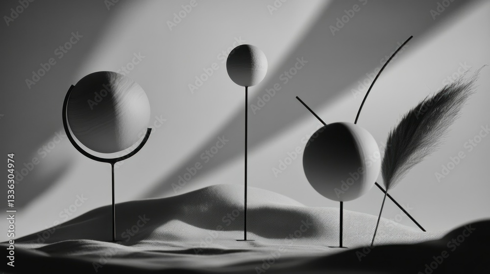 Poster Three abstract spheres and a feather display artistic composition with light