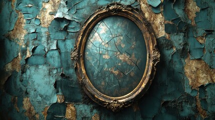 Antique oval mirror cracked frame on distressed teal wall