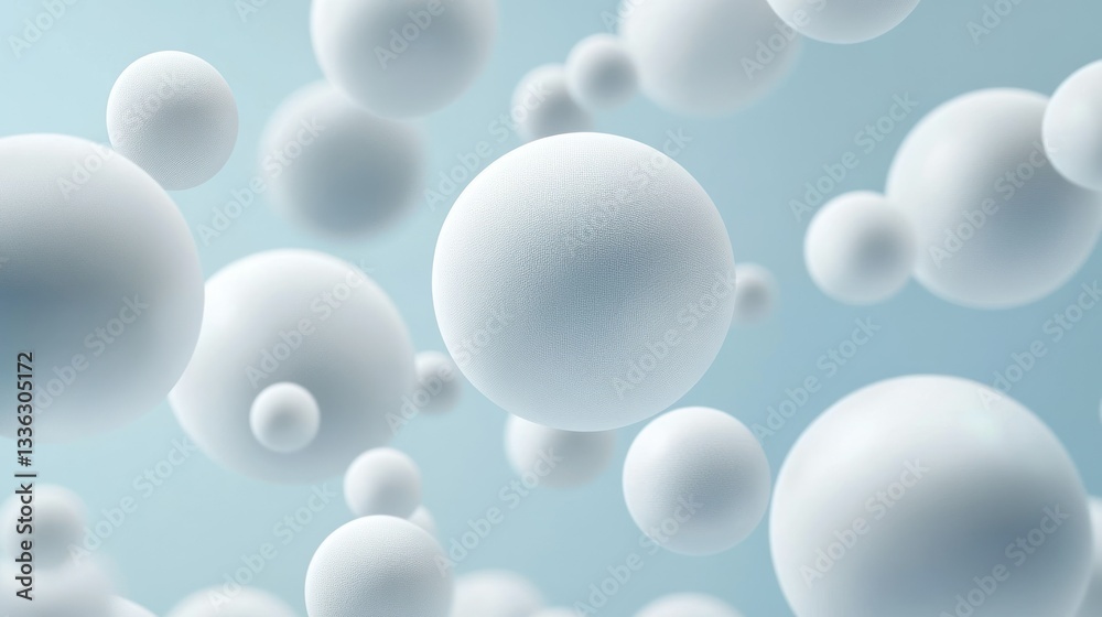 Poster White spherical objects of varying sizes floating in a blue background