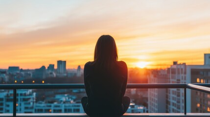 Fototapeta premium person sitting on balcony, gazing at vibrant cityscape during serene sunset