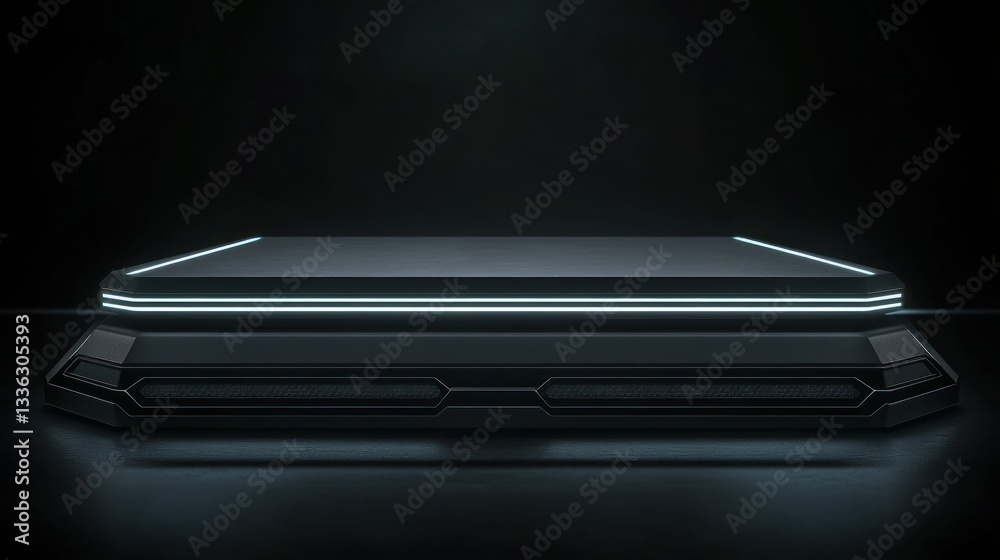 Poster futuristic display podium lit with neon light lines on it