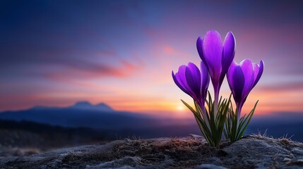 Crocuses bloom against a stunning sunset backdrop in a serene mountain landscape