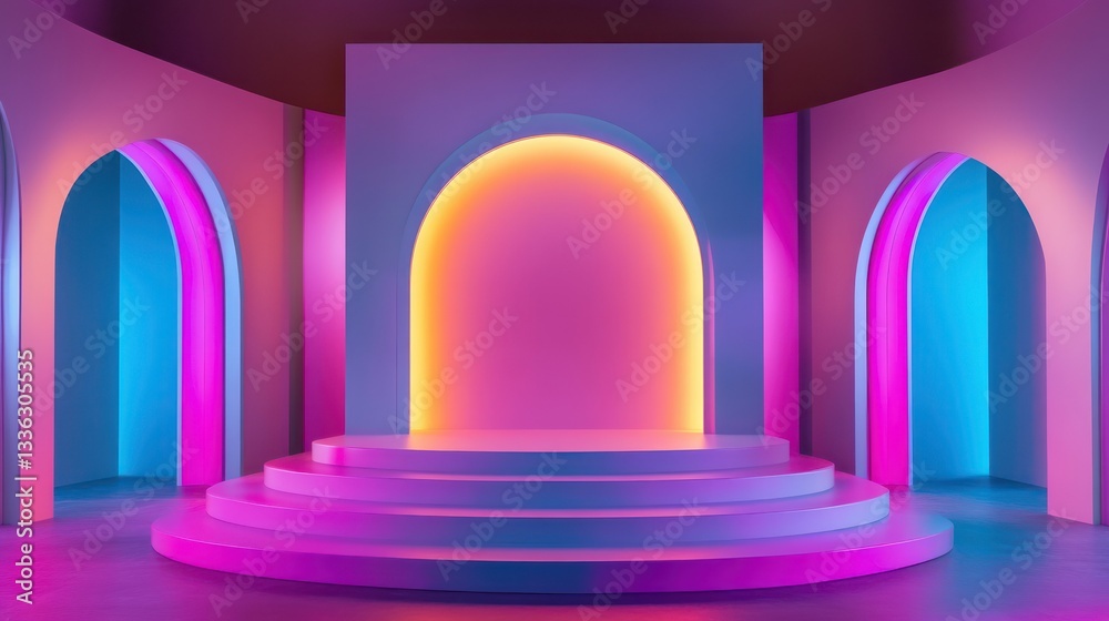 Poster a colorful neon stage design with archways and rounded steps