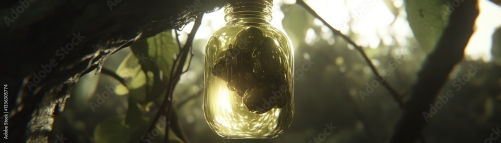 Aufkleber a glass jar containing an interesting specimen hangs from a branch