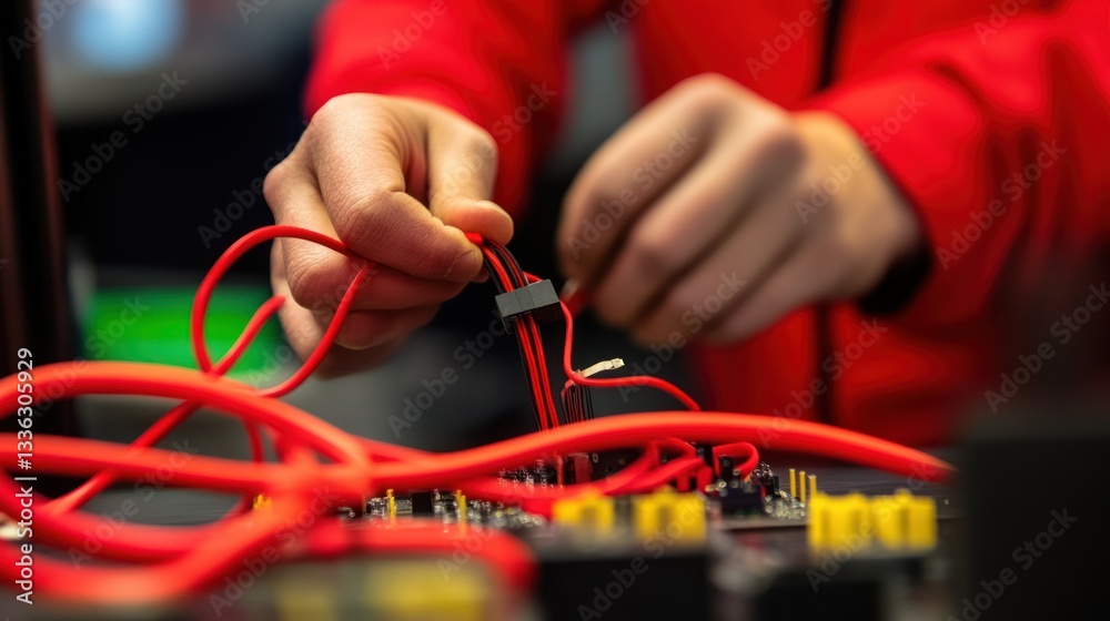 Poster a person connects red cables to a circuit board for assembly
